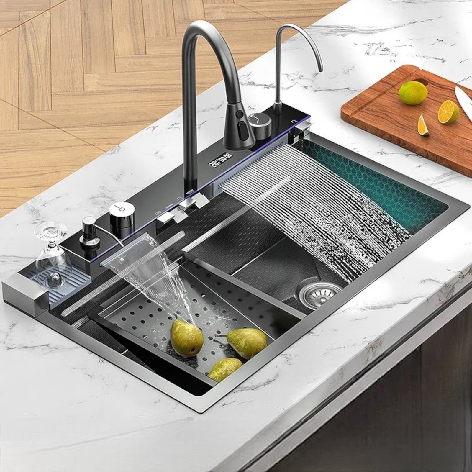 Chiuveta Bucatarie Multifunctionala Negru Grafit cu 2 Cascade, Robinet Cascada, Afisaj Digital Temperatura, Accesorii Incluse
