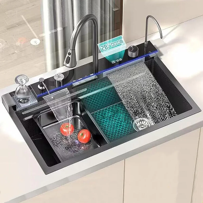 Chiuveta Bucatarie Multifunctionala Negru Grafit cu 2 Cascade, Robinet Cascada, Afisaj Digital Temperatura, Accesorii Incluse