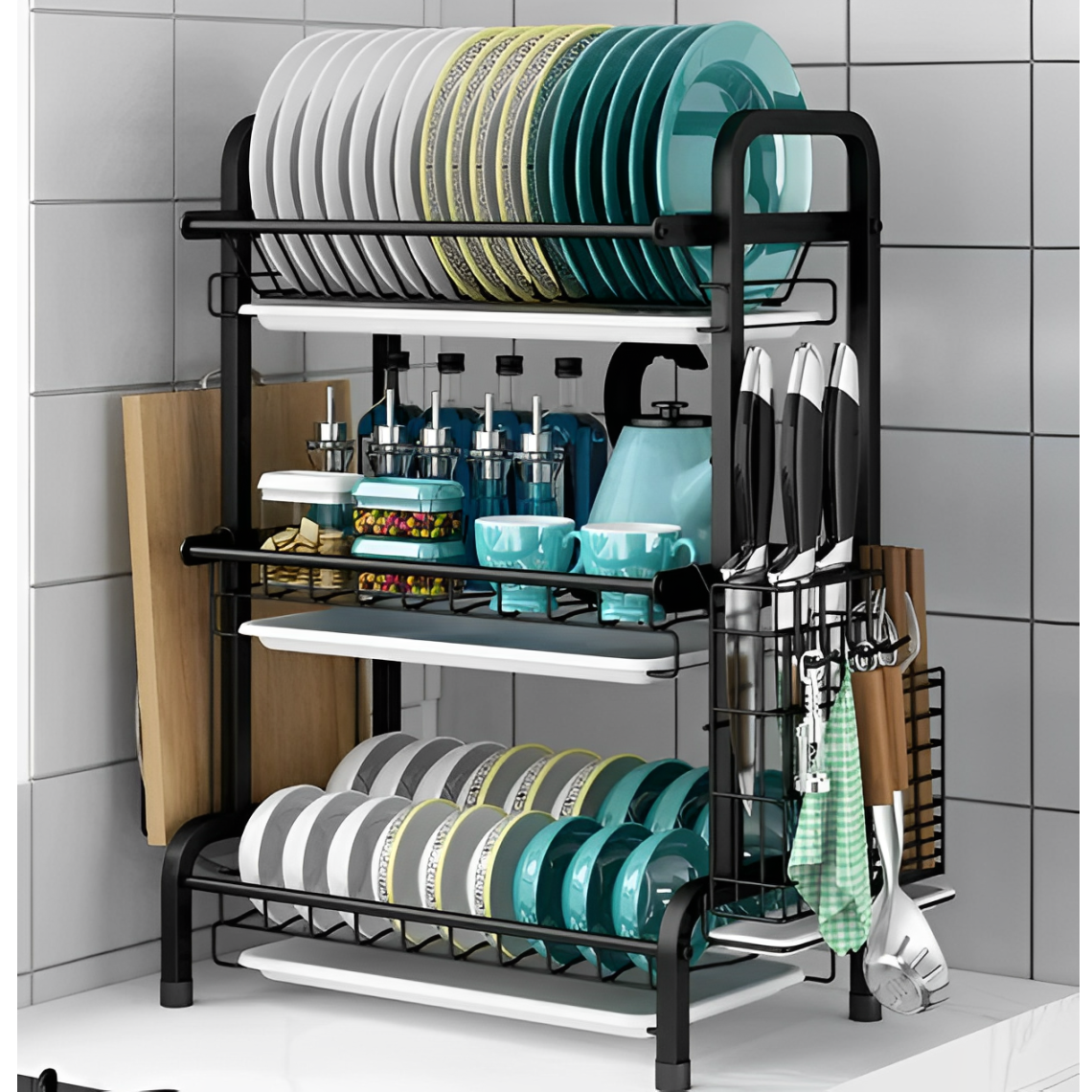 Suport de vase metalic supraetajat, 3 niveluri, Negru