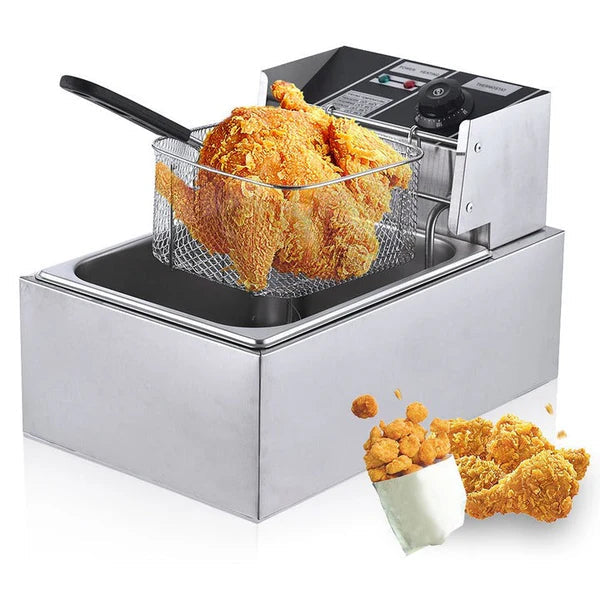 Friteuza Electrica Profesionala 6L, Inox, 2500W – Termostat Reglabil, Capac Antistropire