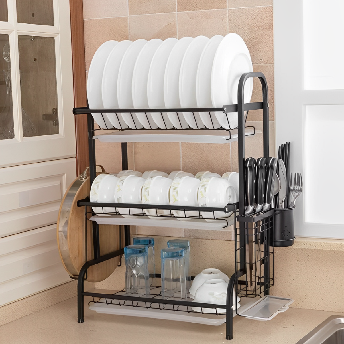 Suport de vase metalic supraetajat, 3 niveluri, Negru